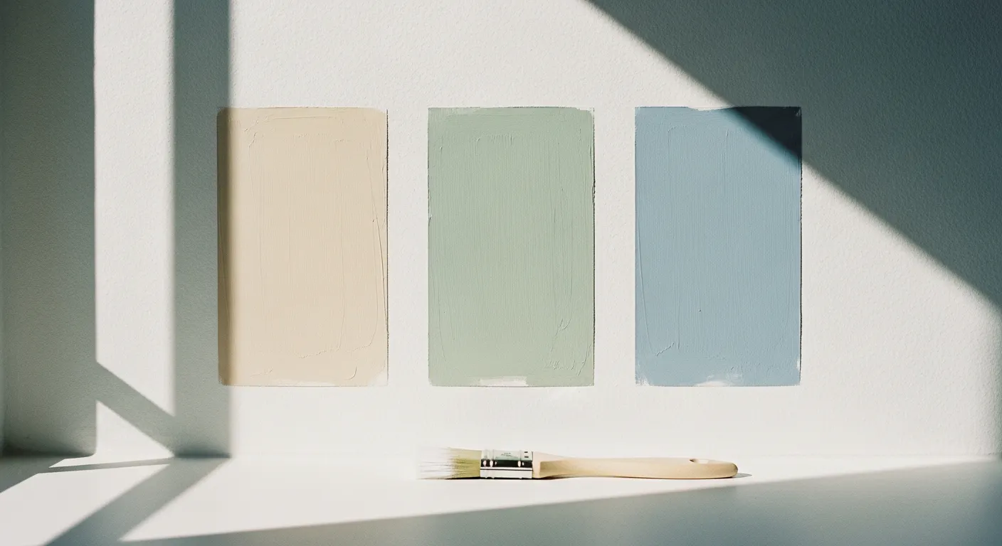 Echantillons de peinture en beige, vert sauge et bleu poudré testés sur un mur