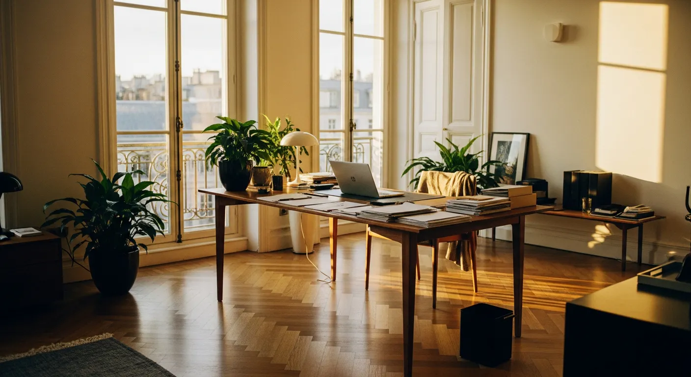 Bureau lumineux dans un appartement rénové, illustrant la gestion administrative du régime BIC