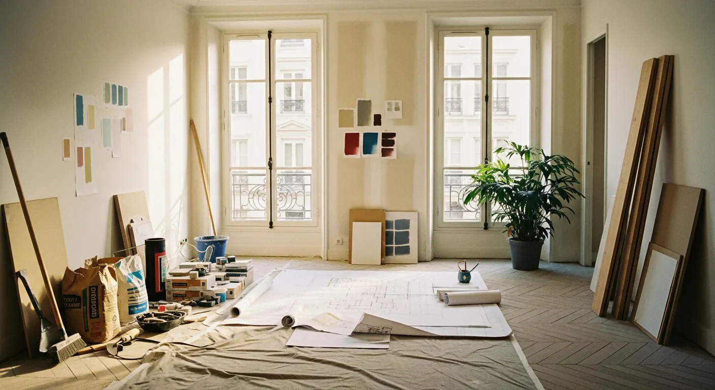 Appartement français en cours de rénovation avec plans architecturaux au sol