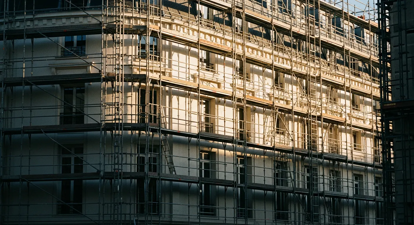 Immeuble en construction à Paris avec échafaudages, illustrant le différé de remboursement pour achat en VEFA