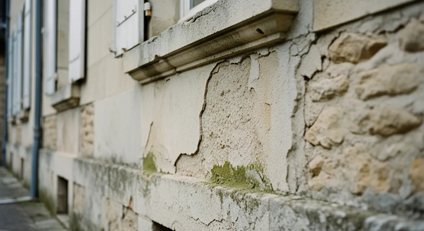Façade d'une maison ancienne présentant des traces d'humidité et de moisissures sur les murs