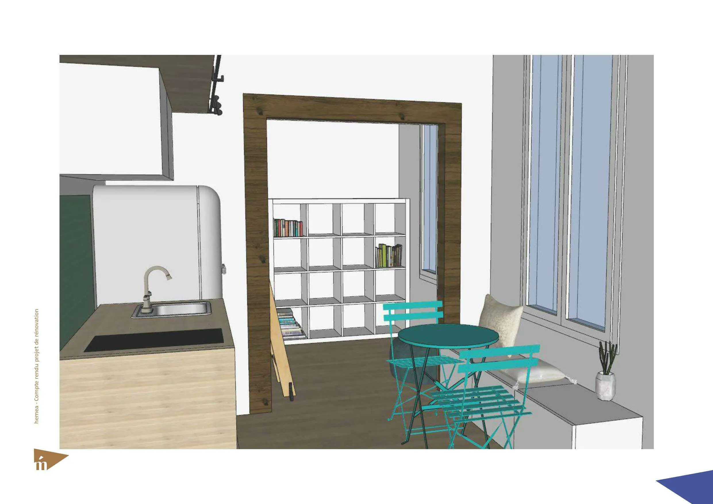 plan 3D du studio vue côté cuisine et coin repas