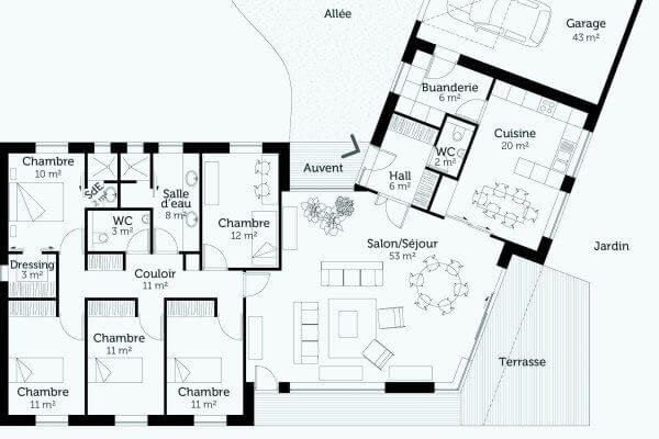 Plan d'une maison d'architecte de plain pied