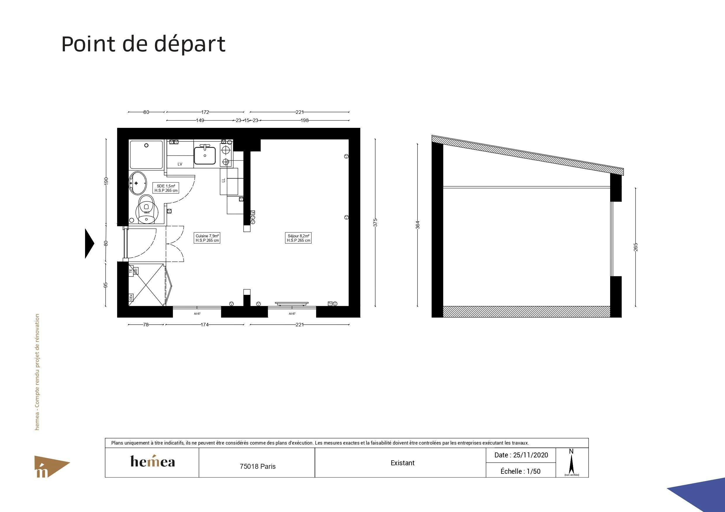 Plan départ Rénovation studio de 18 m² Paris 18 