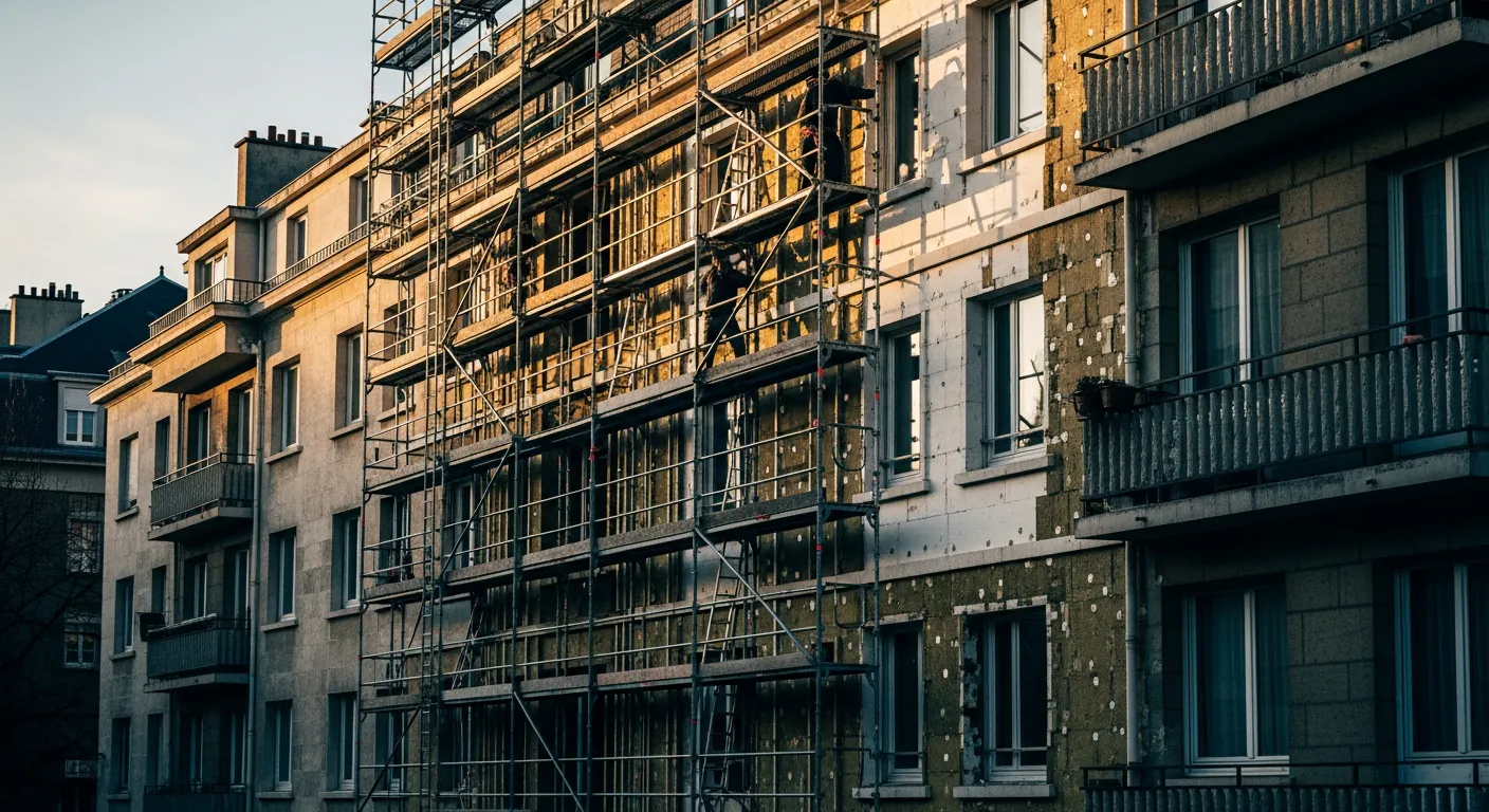 Travaux d'isolation thermique par l'extérieur sur un immeuble ancien passoire thermique