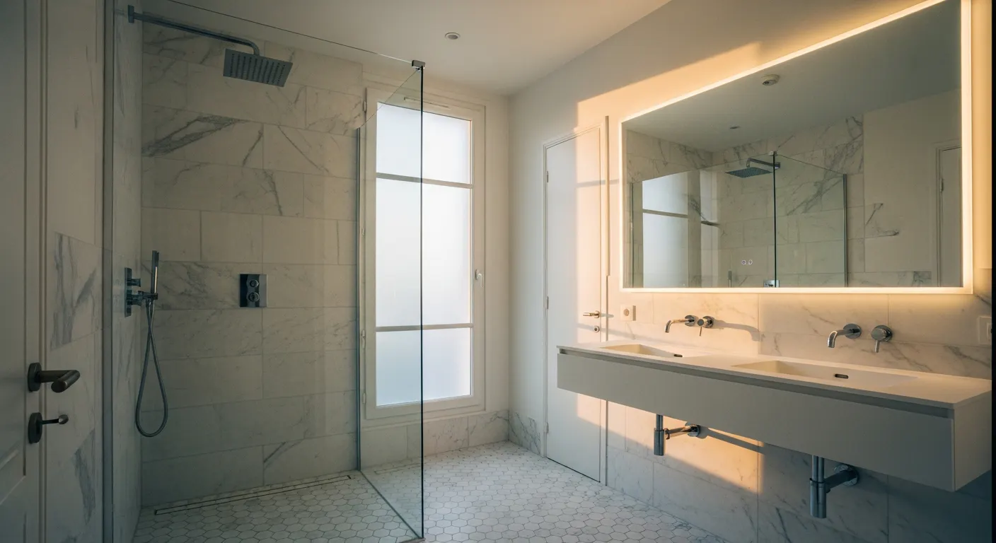 Salle de bain rénovée dans un appartement parisien, carrelage blanc et douche italienne