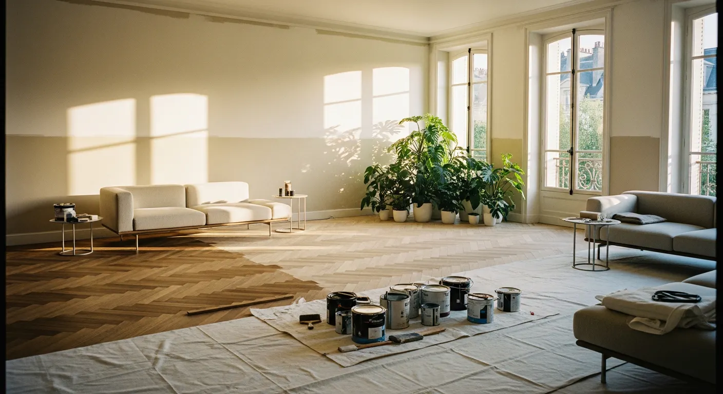 Intérieur d'une maison en cours de rénovation avec parquet et peinture