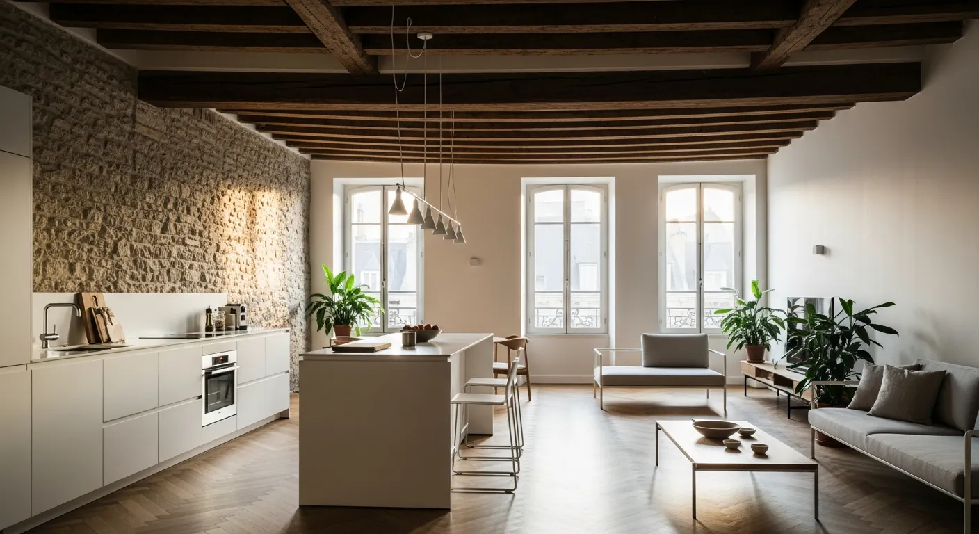 Appartement rénové mêlant pierre ancienne et design moderne, illustrant l'immobilier neuf et ancien