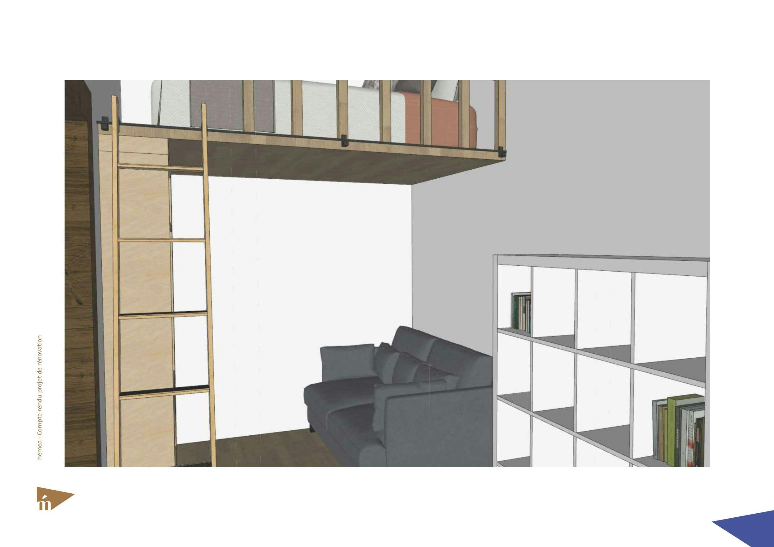 plan 3D coin canapé lit et mezzanine