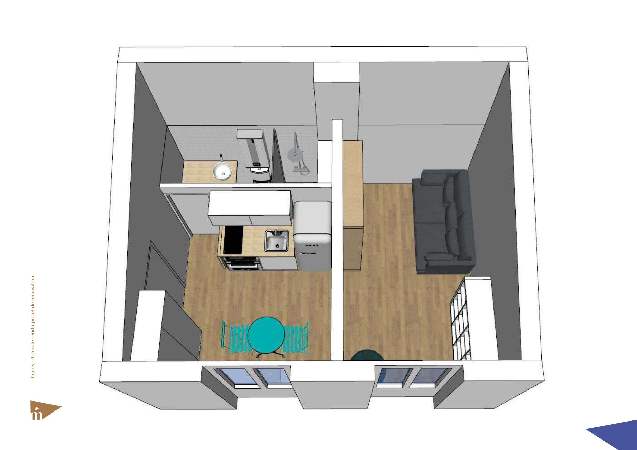 Plan 3D du studio vue d'en haut niveau 1