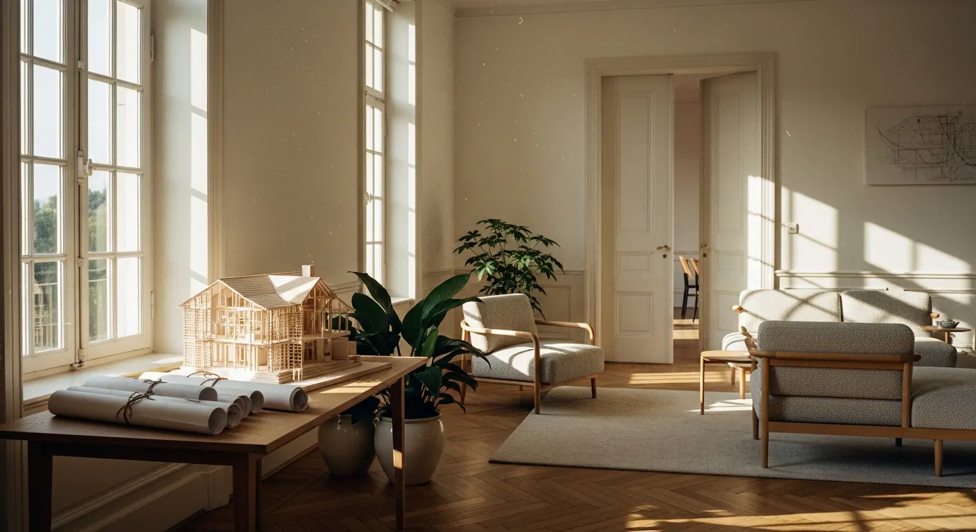 Salon lumineux avec maquette architecturale et plans, illustrant la fiscalité immobilière