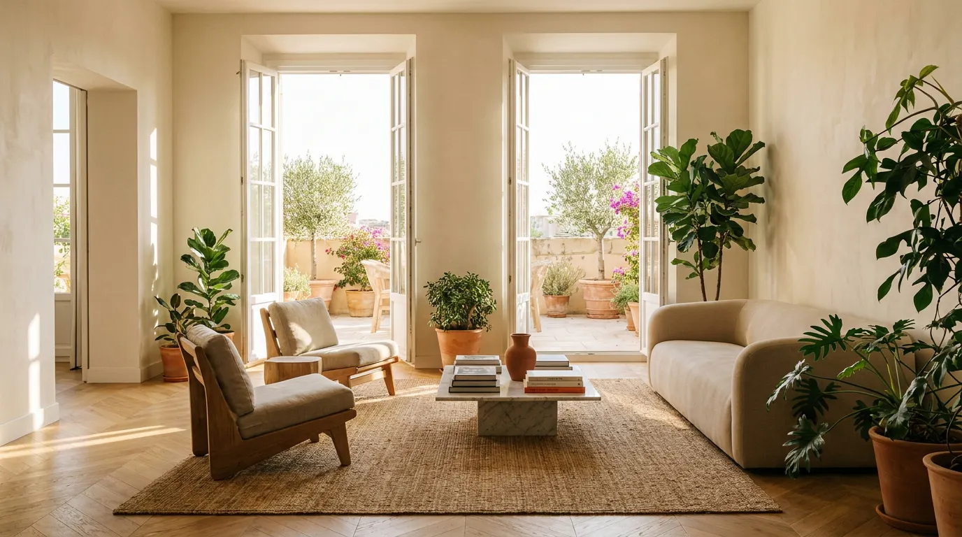 Salon lumineux d'un appartement rénové sur la Côte d'Azur