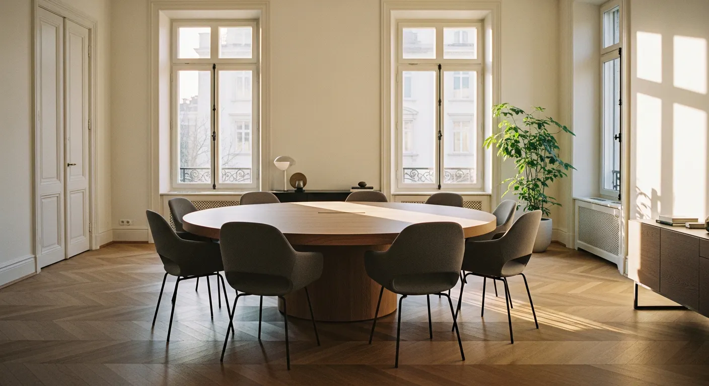 Salle de réunion épurée illustrant la gouvernance d'une SAS ou d'une SARL