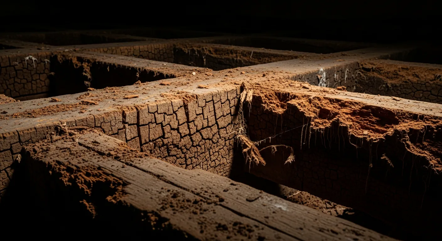 Bois de charpente attaqué par la mérule présentant une pourriture cubique caractéristique