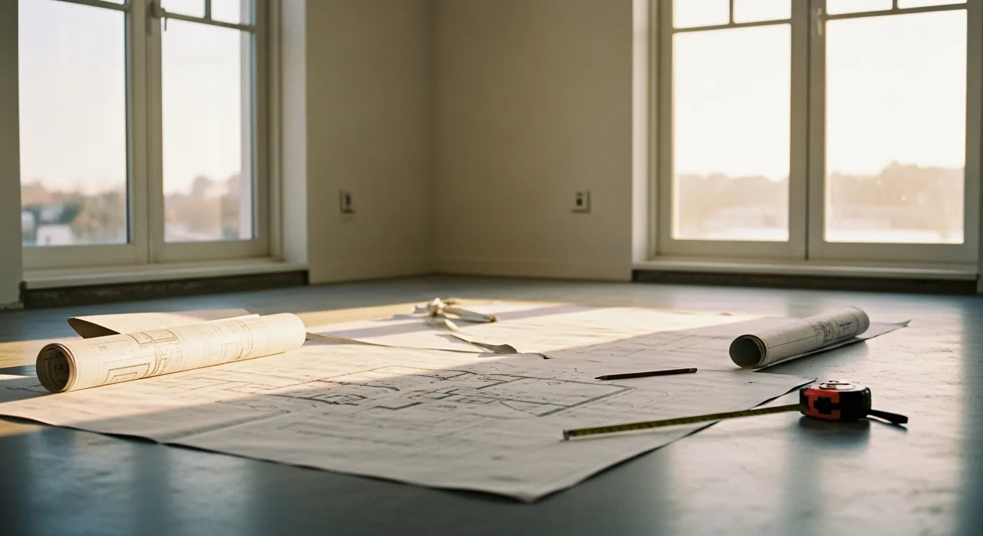Plans de rénovation posés sur le sol d'un chantier