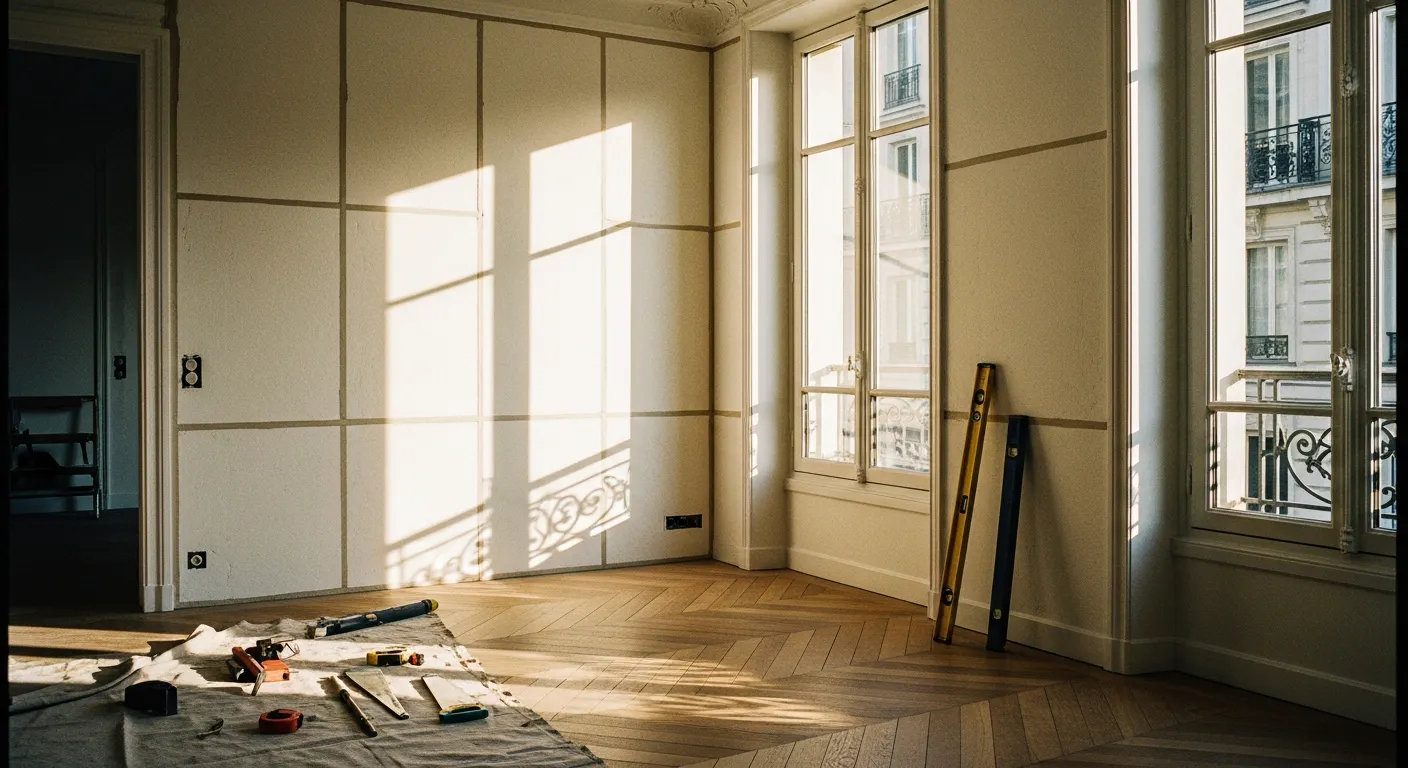 Rénovation énergétique d'un appartement haussmannien : isolation des murs en cours