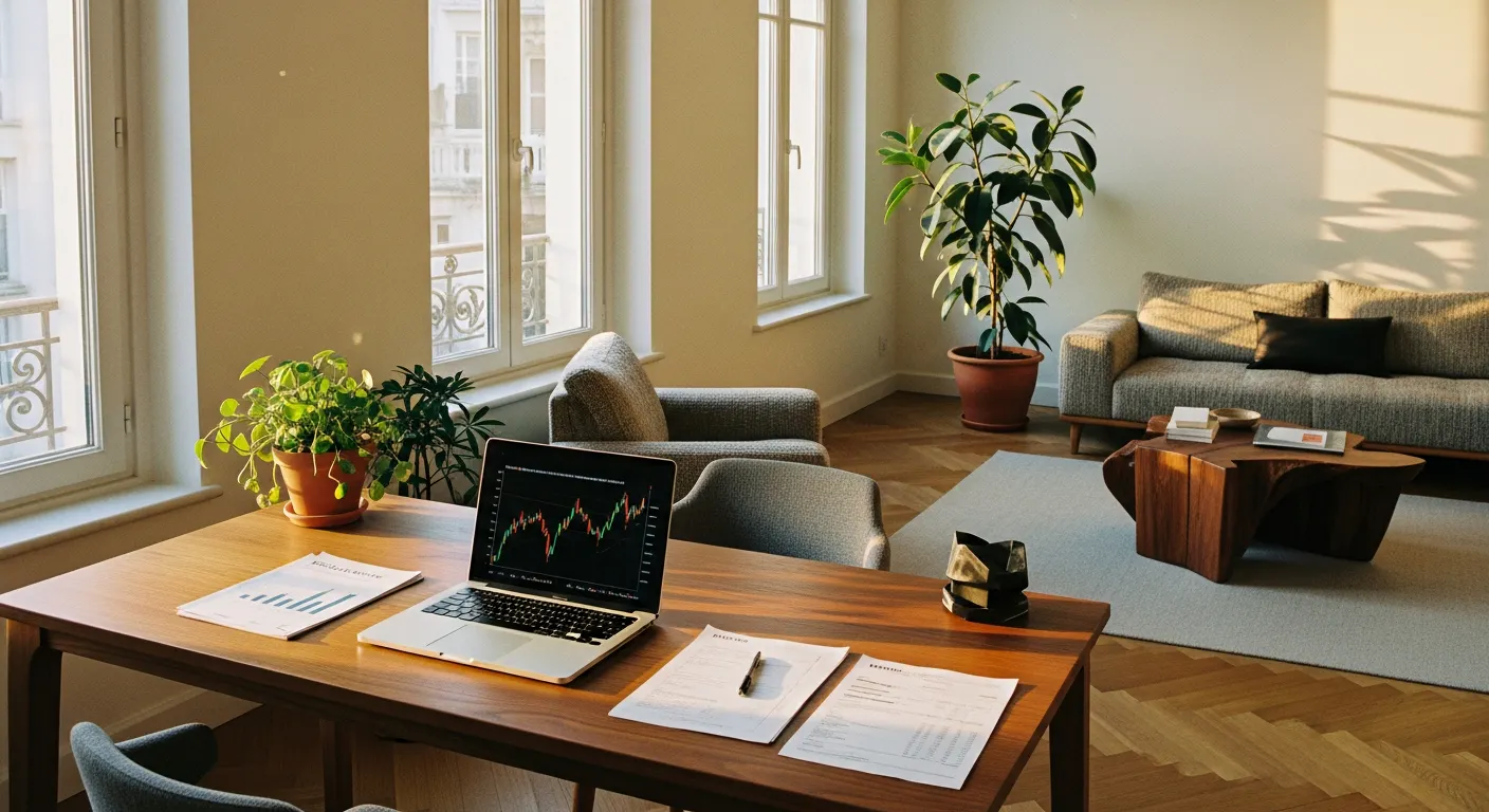 Espace bureau avec documents financiers dans un intérieur rénové, lumière naturelle