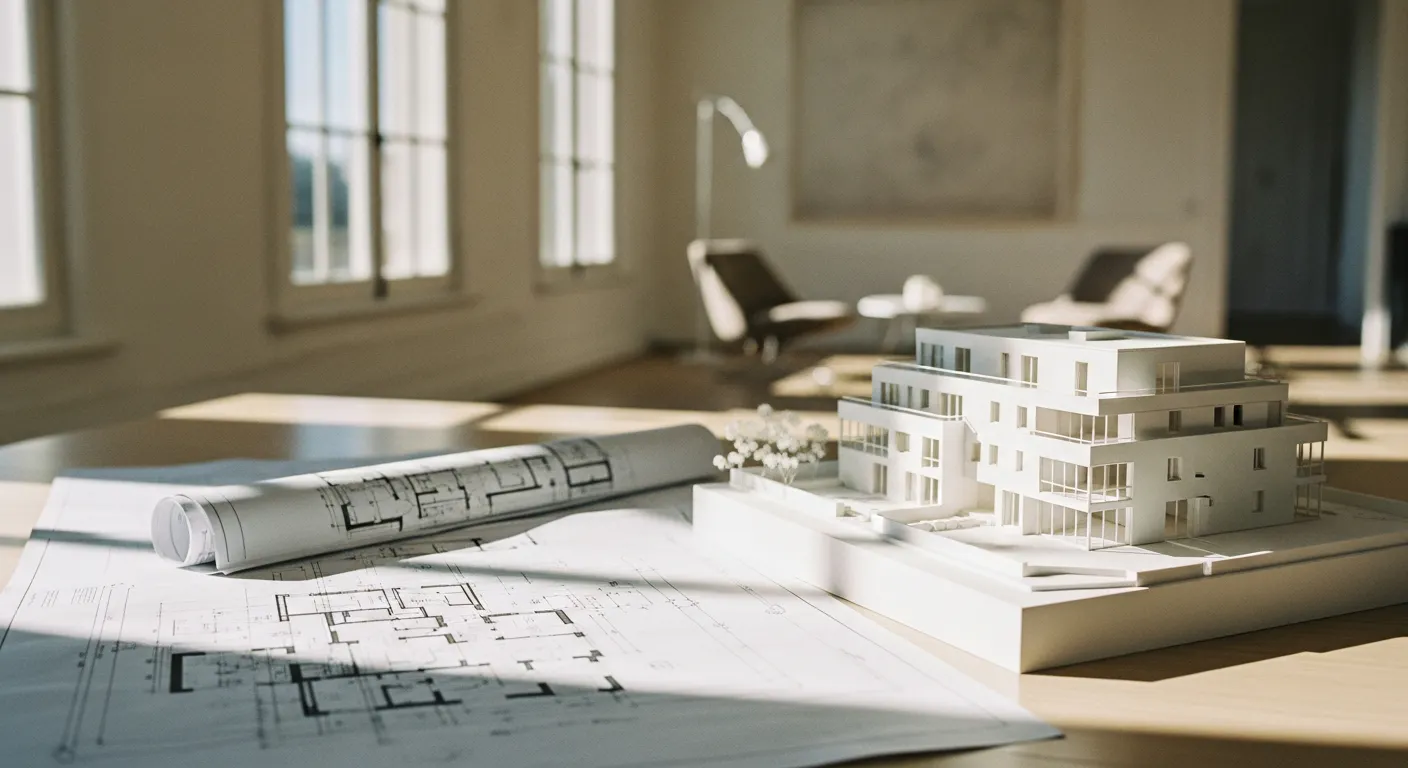 Plans d'architecte et maquette d'un programme immobilier neuf sur une table en bois