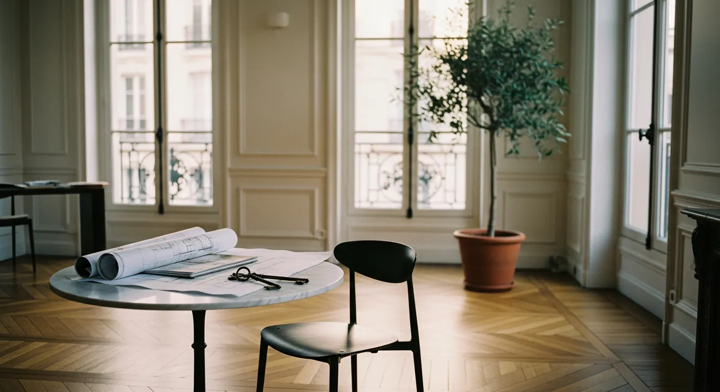 Intérieur d'appartement haussmannien lumineux avec parquet point de Hongrie et fenêtres françaises