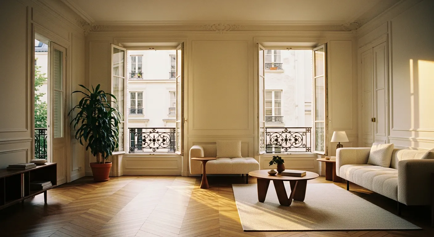 Appartement parisien haut de gamme vendu en off-market, salon lumineux avec parquet en chevrons