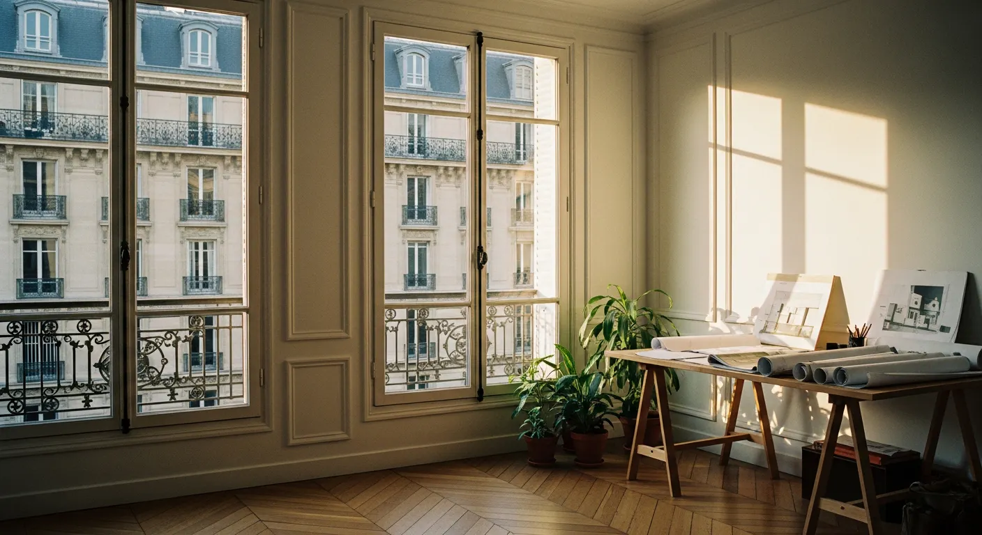 Appartement lumineux avec parquet en point de Hongrie et grandes fenêtres haussmanniennes