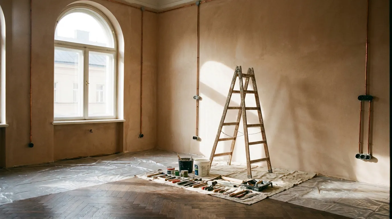 Appartement en cours de rénovation avec murs préparés et sols protégés