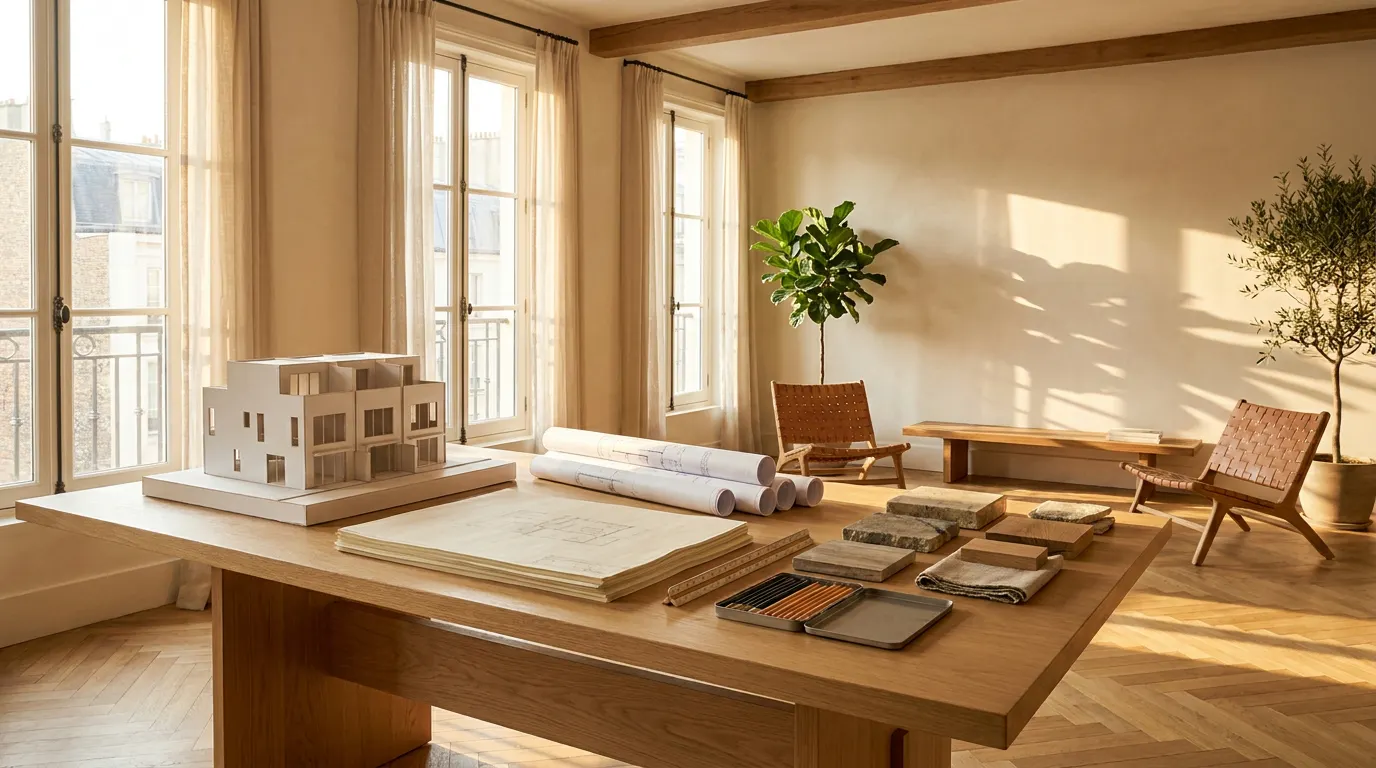 Plans d'architecte et maquette posés sur une table de travail