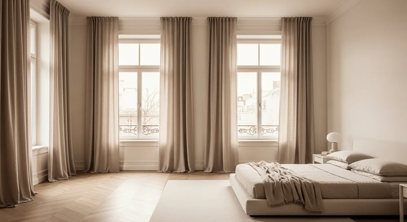 Chambre avec palette de couleurs limitée à trois teintes pastel et rideaux toute hauteur