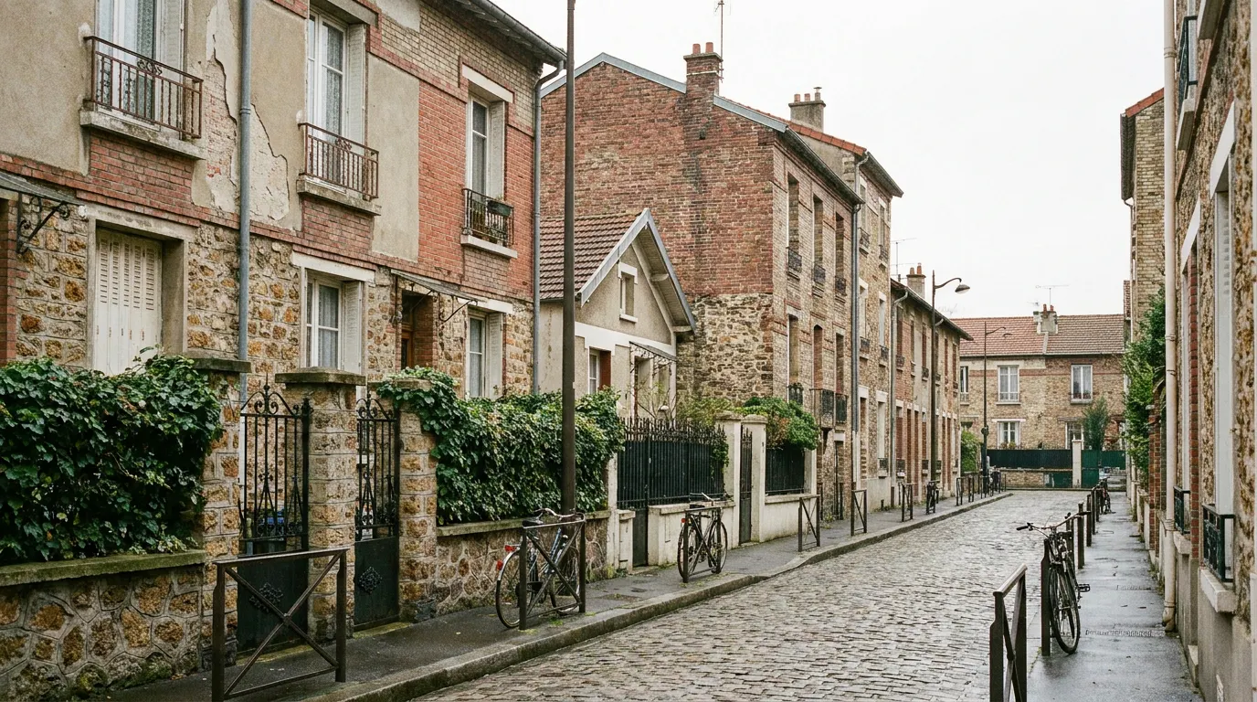 Rue de maisons de faubourg et pavillons anciens à Aubervilliers