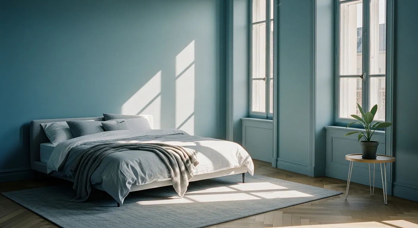 Chambre avec murs bleu poudré et tons gris doux, atmosphère apaisante pour le sommeil