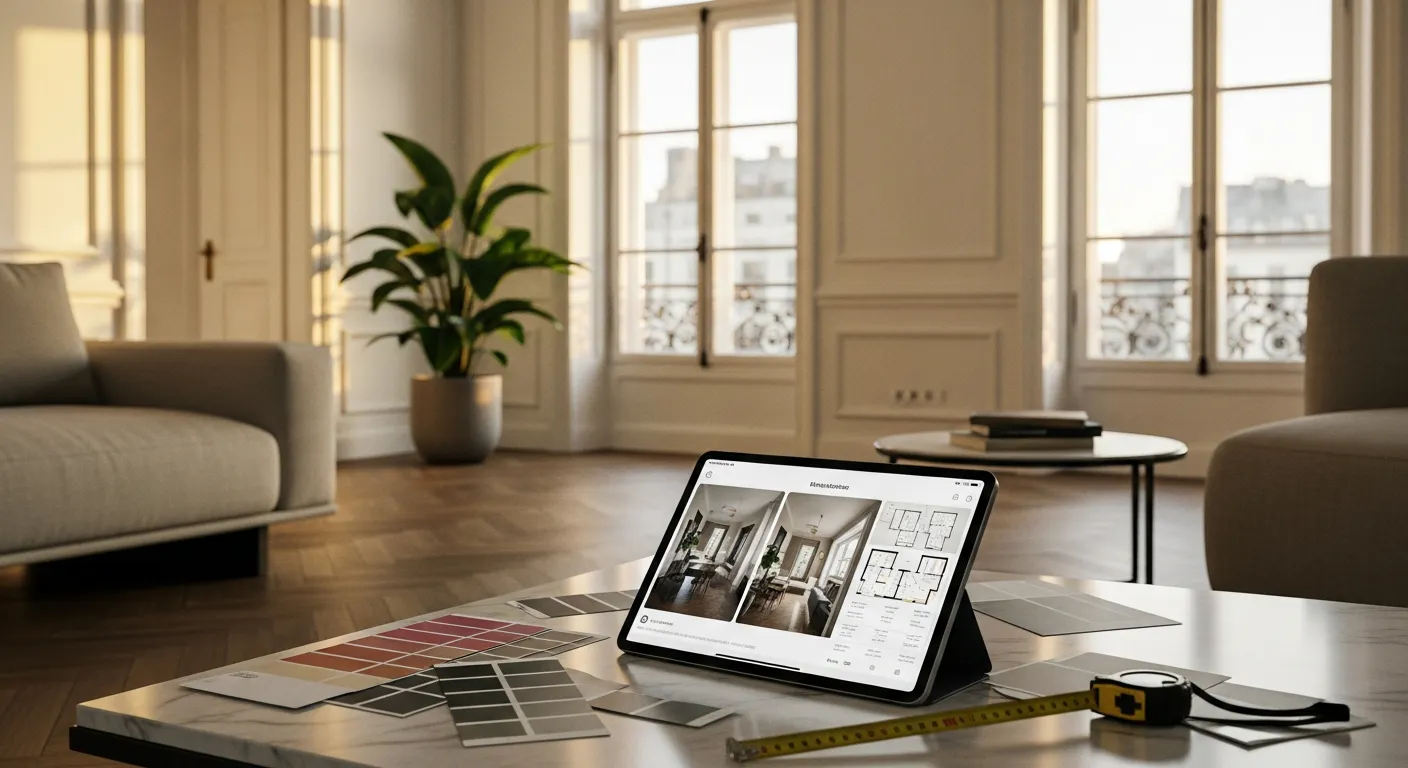 Tablette numérique affichant des annonces immobilières dans un appartement rénové, illustration des outils digitaux pour marchand de biens