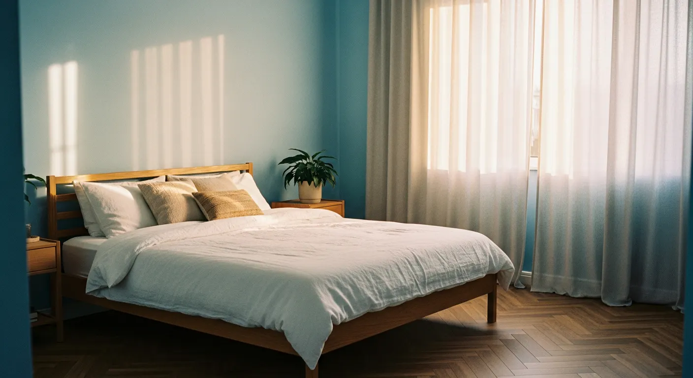 Chambre à coucher avec murs bleu poudré et literie blanche, lumière naturelle douce
