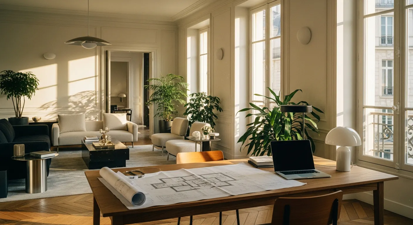Bureau avec plans architecturaux et ordinateur dans un appartement rénové, lumière naturelle
