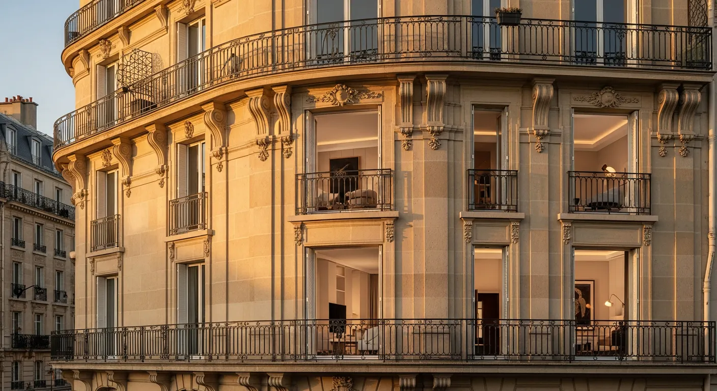 Immeuble haussmannien rénové par un marchand de biens, façade en pierre avec grandes fenêtres