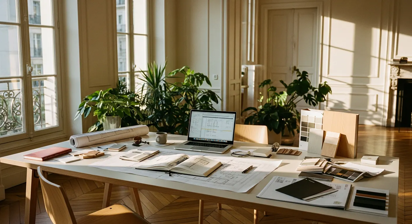 Bureau de coordination de projet de rénovation à Paris avec plans et échantillons de matériaux