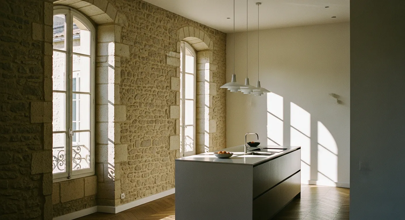Rénovation intérieure dans le secteur sauvegardé de l'Écusson à Montpellier, mur en pierre et cuisine contemporaine