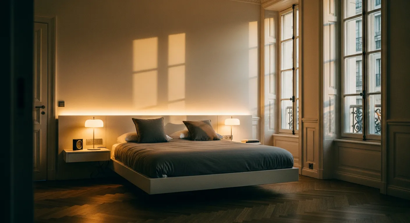 Chambre avec éclairages indirects multiples : bandes LED derrière la tête de lit et lampes de chevet