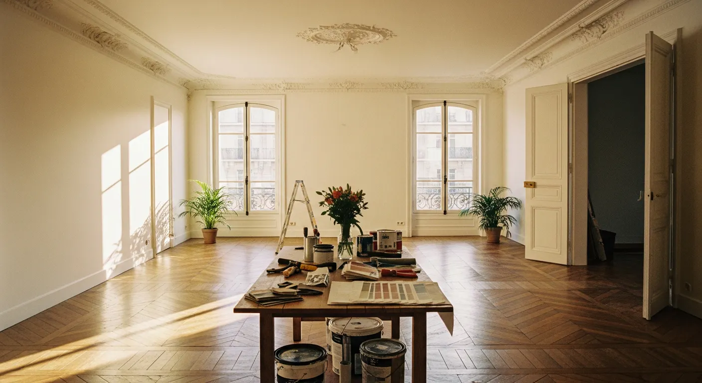 Appartement haussmannien lumineux avec parquet et outils de rénovation sur table en bois