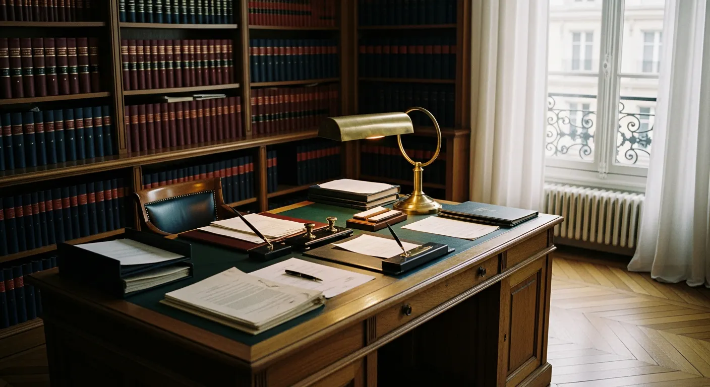 Bureau de notaire avec documents juridiques sur bureau en chêne et bibliothèque de droit