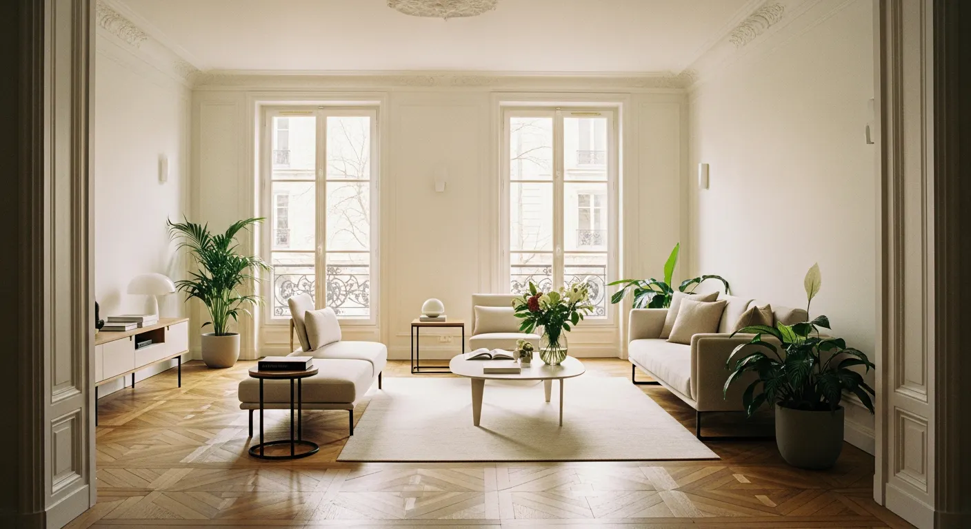 Salon haussmannien rénové lumineux avec parquet en chevrons et grandes fenêtres