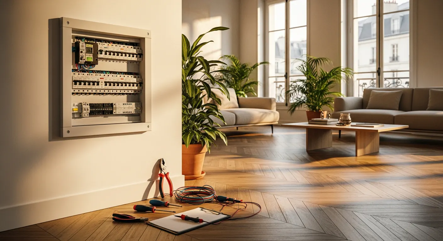 Tableau électrique moderne dans un appartement rénové à Paris