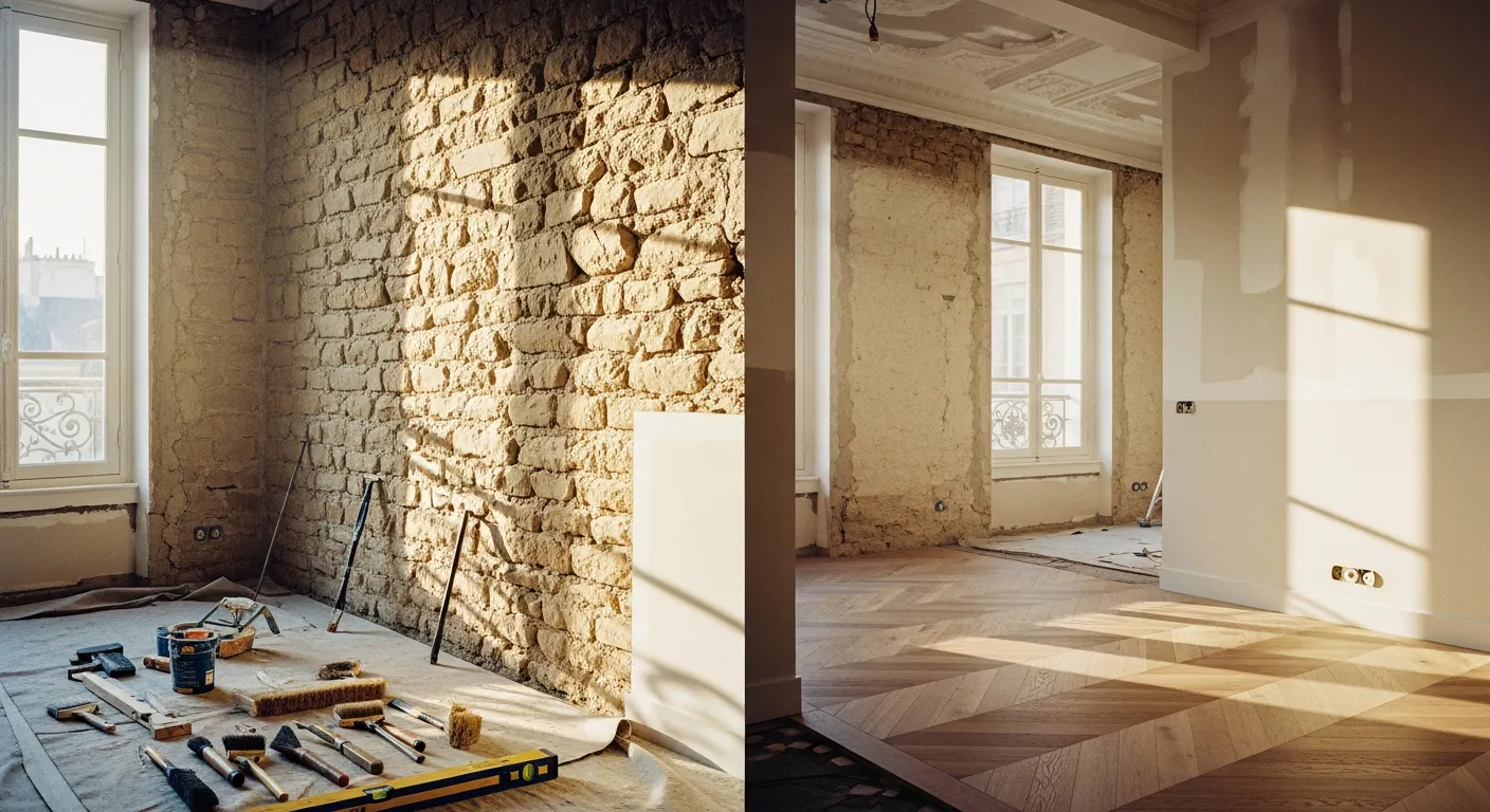 Chantier de rénovation d'appartement avec parquet en cours de pose et murs en pierre restaurés