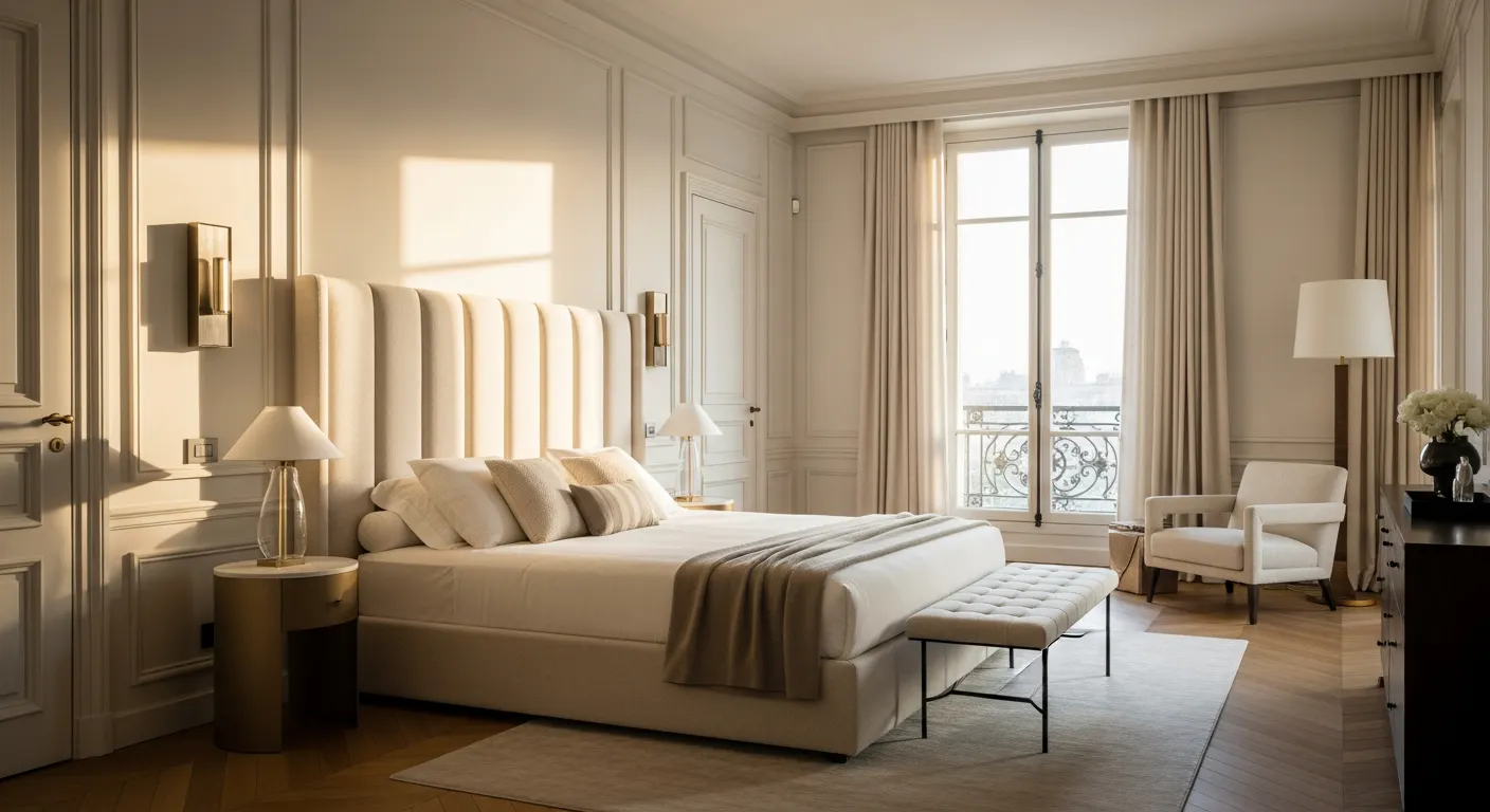 Chambre de palace parisien avec tête de lit jusqu'au plafond en tissu ivoire et palette neutre