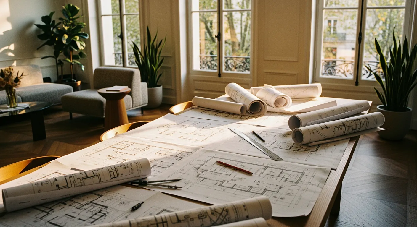 Plans de rénovation et documents d'assurance pour un chantier de marchand de biens