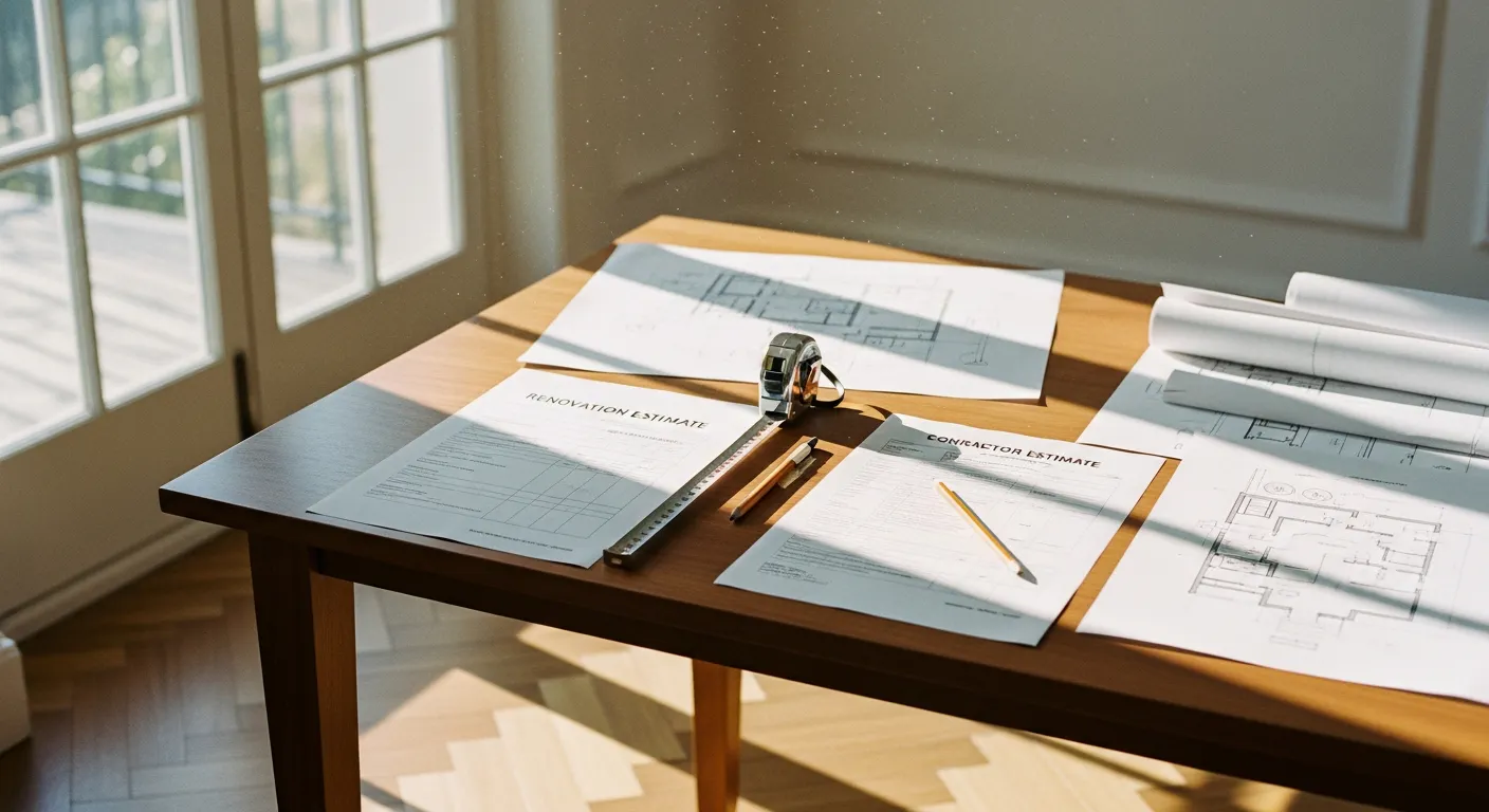 Devis de travaux posés sur un bureau en bois avec outils de mesure et plans de rénovation