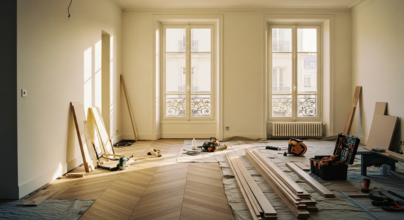 Appartement en cours de rénovation à Marseille, parquet et murs blancs