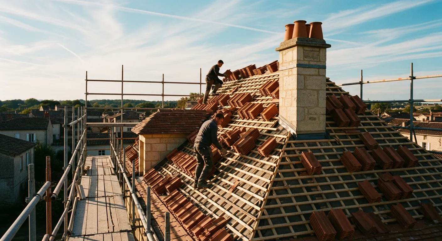 Rénovation de toiture d'une maison française traditionnelle avec tuiles en terre cuite