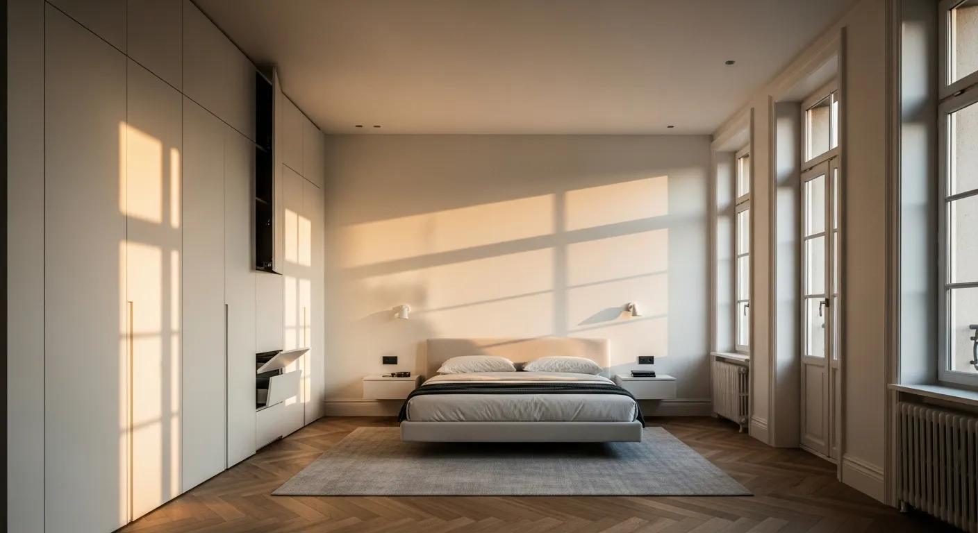 Rangements invisibles dans une chambre : placards sans poignée et tables de chevet suspendues