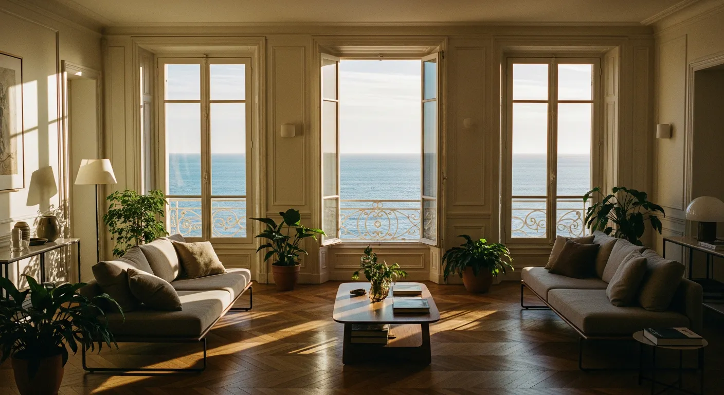 Salon méditerranéen lumineux avec vue sur la mer à Nice