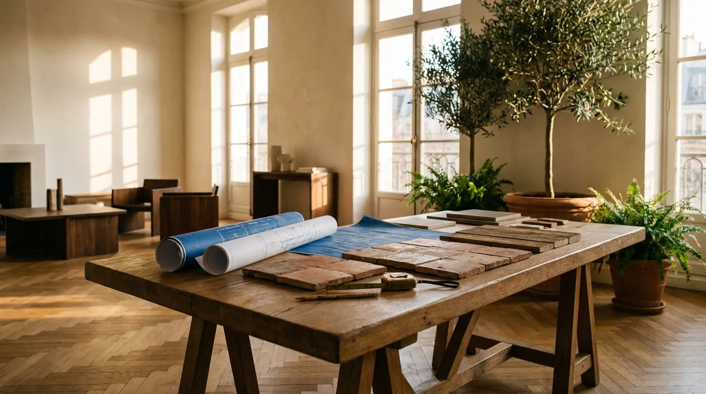 Plans de rénovation et échantillons de matériaux posés sur une table en bois